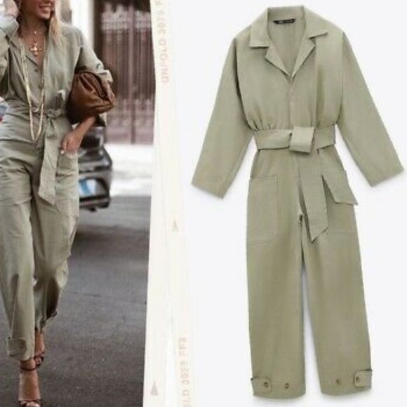 NWT Zara Khaki Green Long Belted Jumpsuit XXL - Picture 2 of 13